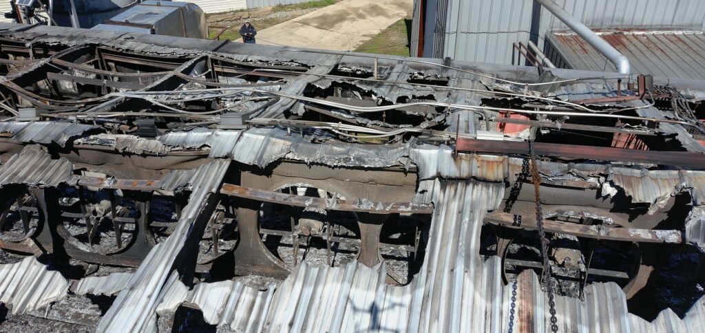 Drone footage of the roof showing gaps in the structure due to fire
