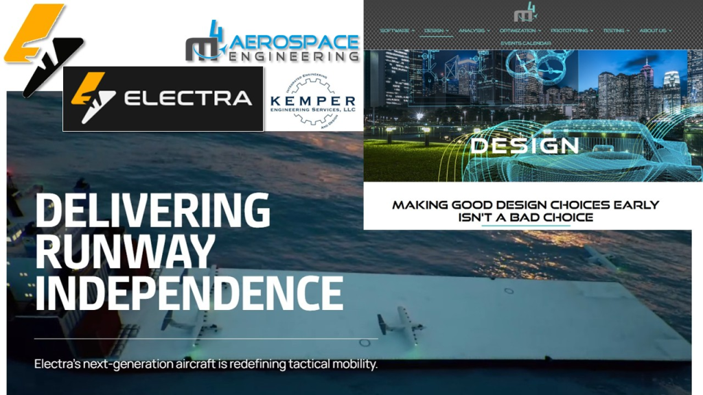 An image from the Electra Aero website showing electric aircraft flying off of a ship and an image from M4 Engineering's website about design