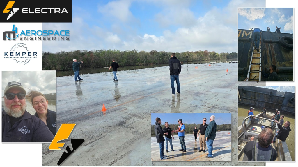 Images of people walking on flat tops of barges or climbing up a barge ladder from a boat.